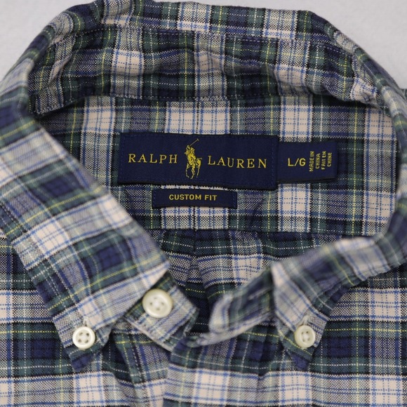 Ralph Lauren Mens Custom Fit Plaid Button Down Shirt Large Navy Blue Green Pony - Picture 2 of 9